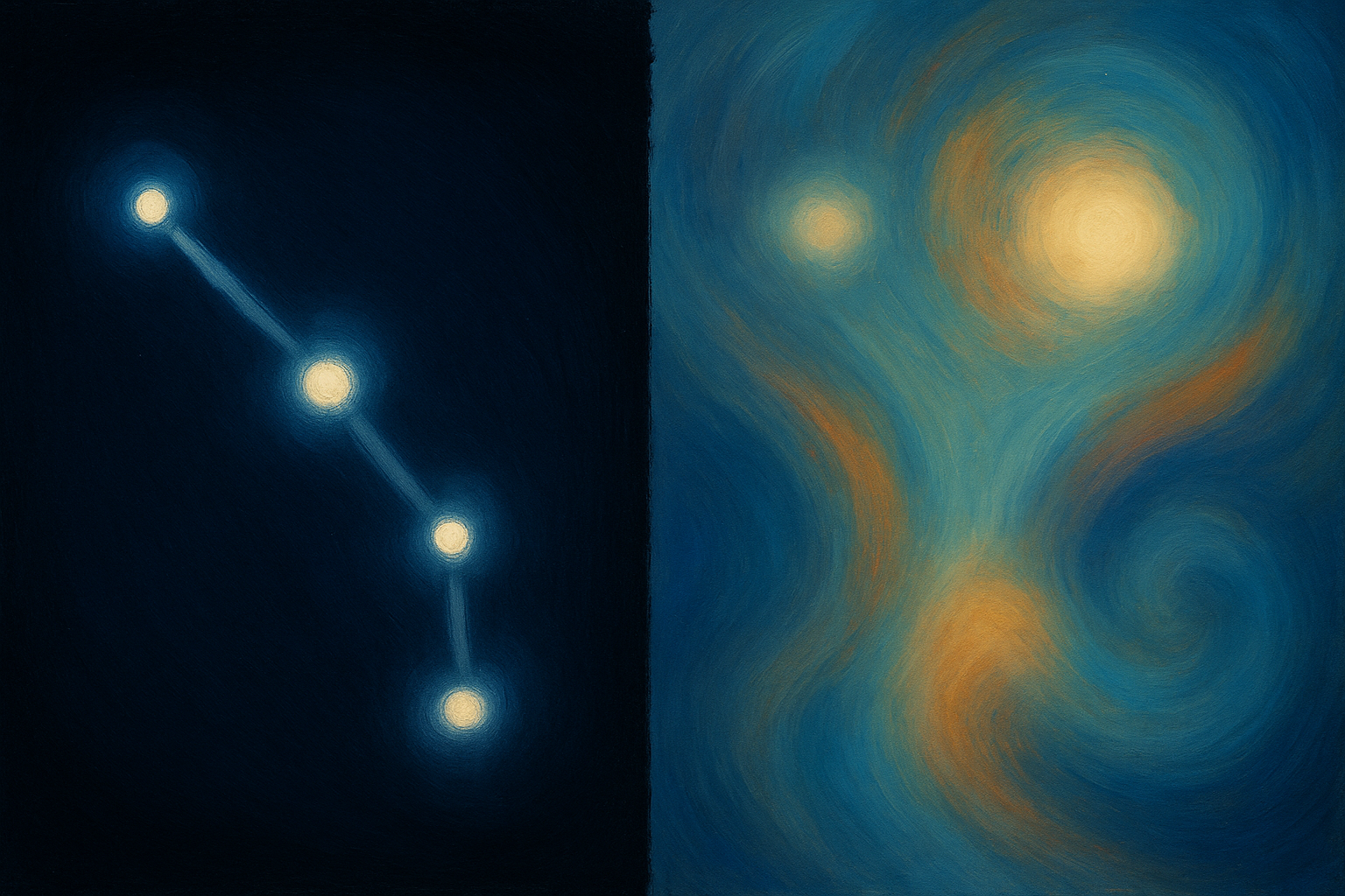 An abstract or semiabstract illustration that could be from a science book showing the difference between foveal and speripheral vision Perhaps splitscreen or sidebyside one side shows sharp lockedin points of light in a narrow beam the other shows t-1
