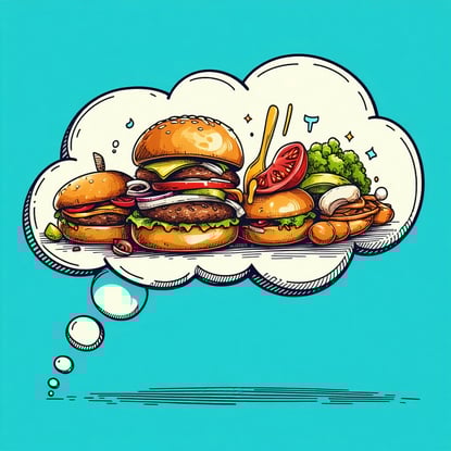 an image representing food noise a thought bubble full of food Let it be cartoon or appear hand drawn artsy and simple
