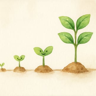 watercolor of a small plant getting bigger over time as if on a timeline and the plant is happy