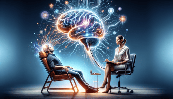 DALL·E 2024-01-17 13.39.57 - A creative image showing a person reclining in a chair being hypnotized, visualizing their brain activating. The subject should appear relaxed and in 