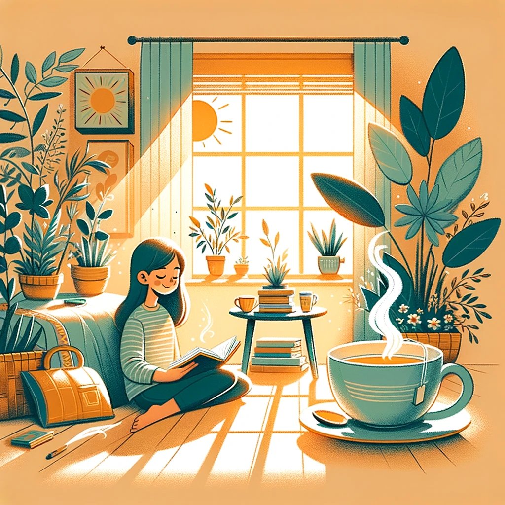 DALL·E 2024-02-14 14.48.44 - Create an image that embodies the concept of self-love. Visualize a person sitting in a cozy, sunlit room, surrounded by plants, reading a book with a