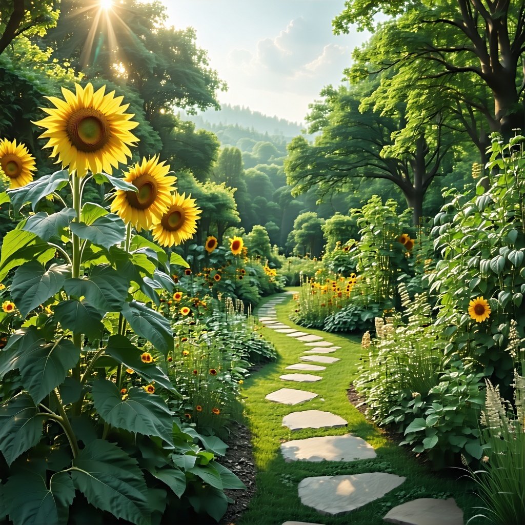 A Lush and beautiful garden with sunflowers, blue sky, and a stone path. 