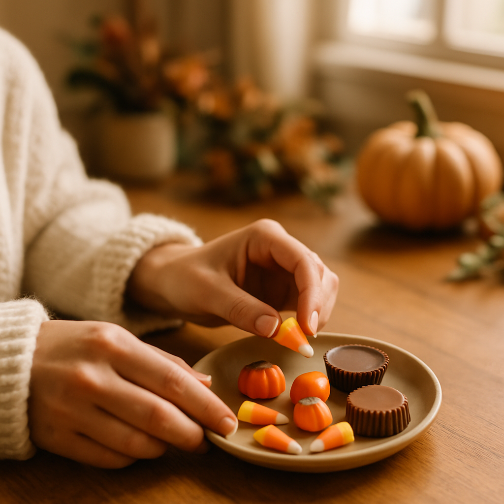 A woman's hands and a bowl of candy corn and candy corn pumpkins indicating Halloween.